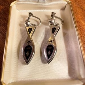 Taxco Mexico .925 Sterling Silver Screw Back Fish Inlaid Earrings